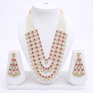 <b>Gold</b> Tone <b>Long</b> Kundan and Moti Pearl Mala with Choker <b>Necklace</b> Matching Earrings and Mangtika Set for Women - Product Image 1