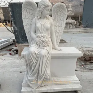 Factory Sale Cemetery Memorial Angel Headstone Natural Solid Marble Stone Weeping Angel Statue Monument