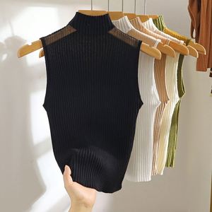 Haut court d'été sans manches à col semi-montant pour femme, camisole ajourée, chemise de base en maille tricotée, pull pour femme - Product Image 4
