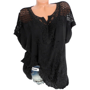Sommer Kurzarm Damenblusen und -Tops Lose Weiße Spitzen-Patchwork-Hemden Übergröße <span class=keywords><strong>4XL</strong></span> <span class=keywords><strong>5XL</strong></span> Damen-Tops Freizeitkleidung - Product Image 5