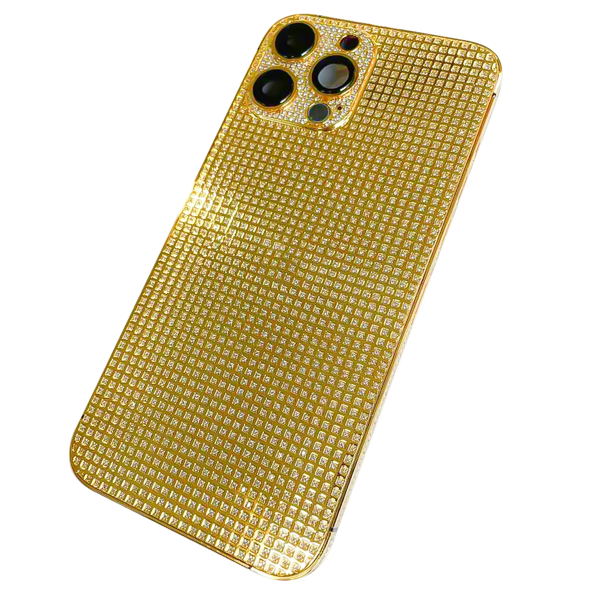 Boîtier de remplacement de téléphone portable entièrement en diamant avec cadre pour iPhone 15 pro max 14 Pro Max couvercle de batterie plaqué or véritable
