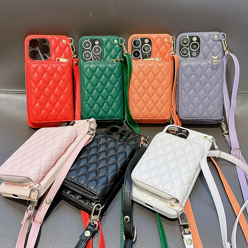 For leather fashion plaid coin purse iPhone14promax phone case Apple 13pro Long Rope 12 Anti-fall 11 Internet celebrity female x