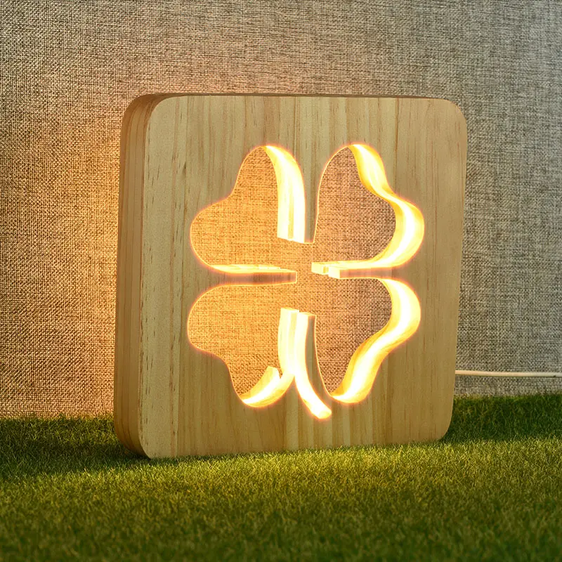 Kunden spezifische Form Logo Kostenlose Probe geschnitzte Tisch lampe LED 3D Illusion Massivholz LED Tisch leuchte Lampe mit hoher Qualität