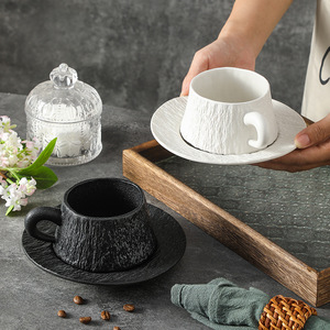 Ensemble tasse à <span class=keywords><strong>café</strong></span> et soucoupe <span class=keywords><strong>en</strong></span> céramique motif pierre, texture minimaliste, noir et blanc mat, 10 oz, pour couple, anniversaire - Product Image 3
