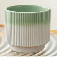 Pot Bunga Keramik Motif Garis Hijau Mint Gradasi Bulat, Pot Bonsai, Dekorasi Rumah Kustom, Pot Bunga Porselen Ramah Lingkungan