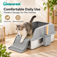 Litière pour chat en acier inoxydable 2-en-1 ouverte et semi-fermée avec échelle et pelle, facile à nettoyer, grande capacité 20L, vente en gros