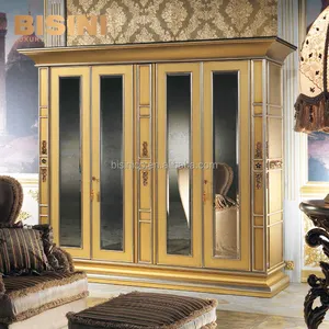 Armario de cuatro puertas chapado en oro de lujo, estilo barroco real, armario con torre extraíble y espejo