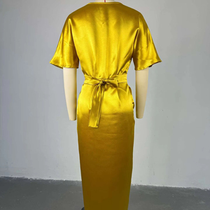 Wholesale Elegant <strong>Dress</strong> for <strong>Women</strong> Asymmetrical V-neck Short-sleeve High-waisted One-step Slit Long Skirt - Product Image 6
