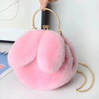 Nouveau sac à main portable en fourrure véritable style princesse, sac à chaîne Joker, sacs à main mignons à oreilles de lapin, sac de rangement rose mignon pour cosmétiques