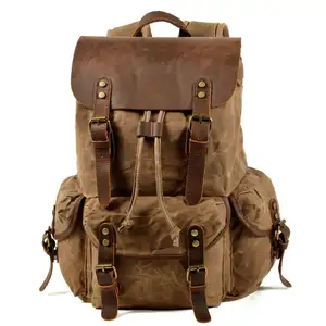 Vintage Canvas Leather Backpacks For Men Laptop Daypacks Waterproof Canvas Rucksacks Waxed Mountaineering Travel Backpack