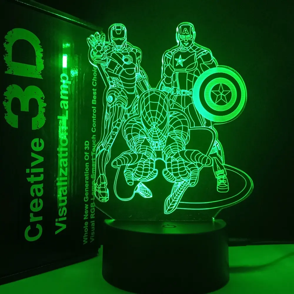 リモコン付き7色3DLEDイリュージョンランプ-ベッドルームテーブルランプスパイダーマンキャプテンアメリカアイアンマン子供用3Dナイトライト