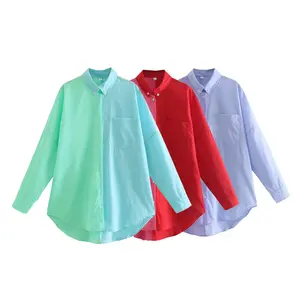 Women 2022 Fashion Four-color Splicing Lapel Loose Asymmetric Blouses Vintage Long Sleeve Button-up Female Shirts Chic Tops