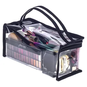 Маленькая прямоугольная прозрачная сумка для макияжа из ПВХ, органайзер для инструментов для художников, прозрачная виниловая косметичка, сумка для актеров с ручкой