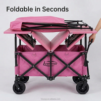 Chariot de camping pliable à quatre roues avec auvent réglable en hauteur, table intégrée, en acier rose/noir