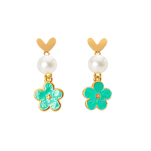 Pendientes de Moda con Diseño de Flor Verde y Perla, en Acero Inoxidable 316L con Baño de Oro PVD - Product Image 2