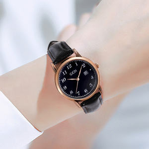 Reloj de cuarzo plateado para mujer, esfera blanca, fecha, números arábigos, correa de cuero negra, reloj de pulsera elegante - Product Image 3