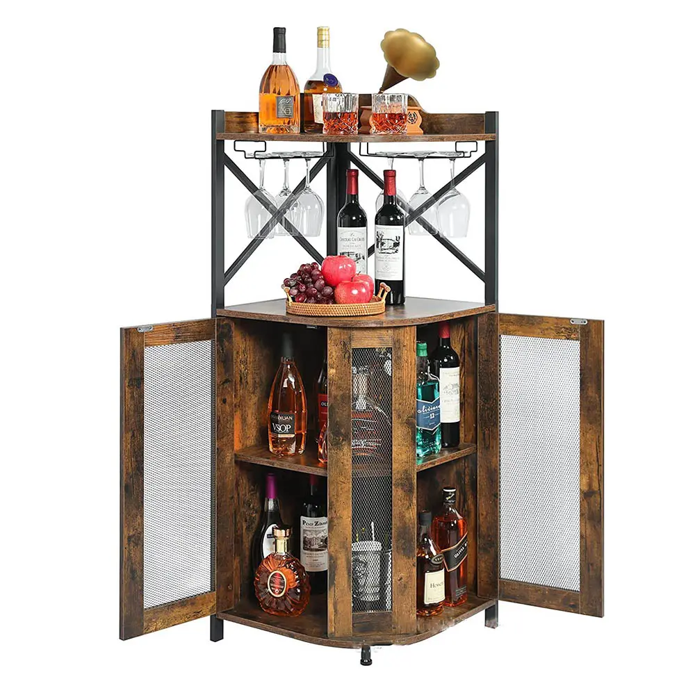 Canto Bar Cabinet com suporte de vidro, Industrial Wine Cabinet com Mesh Door Wine Bar Cabinet com prateleira ajustável