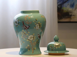 Nouveau Style chinois vert table en céramique <span class=keywords><strong>pot</strong></span> de gingembre Vase fleur et oiseau motif ornements pour arrangements floraux - Product Image 5