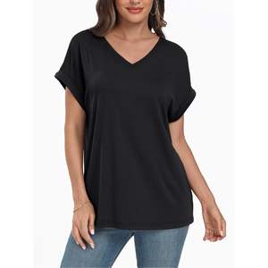 2025 femmes 2025 plaine t-shirts surdimensionné col en V décontracté basique à manches courtes été hauts coupe ample respirant disponible XS XXS - Product Image 2