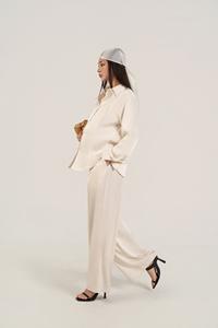 Pantalones de mujer elásticos de cintura media, de verano, al por mayor, casuales, de ajuste holgado, de pierna ancha, lisos, de mezcla de seda, transpirables, de lana, antiarrugas - Product Image 3