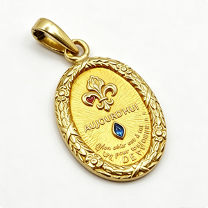 Medalla ovalada chapada en oro con corazón esmaltado de flor de lis y gema azul, amuleto de amor, regalo de aniversario - Product Image 3