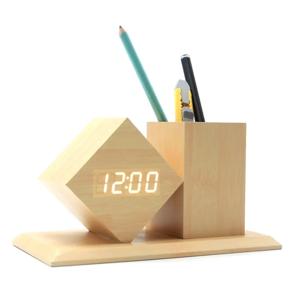 사무실 크리 에이 티브 장식 책상 나무 펜 홀더 나무 디지털 LED 알람 테이블 시계