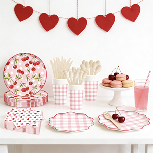 DAMAI Picnic Party Kids Birthday Party Supplies Cherry pink Plaid Elements <b>Disposable</b> <b>Tableware</b> Paper Napkins Cups Plates - Product Image 2
