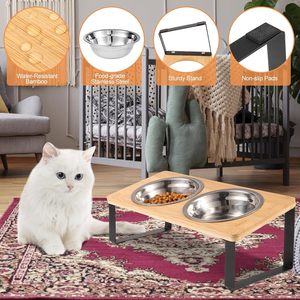 15 ° eğimli yükseltilmiş kedi maması kabı kaymaz paslanmaz çelik kedi besleme yemekleri ahşap <span class=keywords><strong>stand</strong></span>ı çevre dostu anti-kusma' - Product Image 4