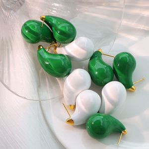 Water Drop <b>Stud</b> Earrings Green White Teardrop Shape <b>Titanium</b> Steel Zinc Alloy EH128 Fashion Jewelry - Product Image 1