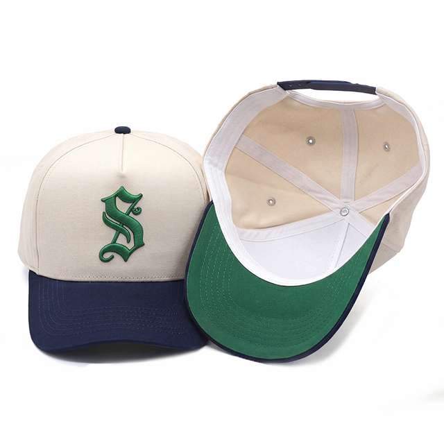 Custom Logo Snapback Baseball Cap 5 Panel Structured Two Tone Hat Green Undervisor Curved Brim Wholesale
