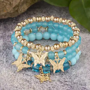 Fashion Jewelry multi-layer Butterfly Bracelet Gold Crystal Beads Boho Stretch Babgles For Women