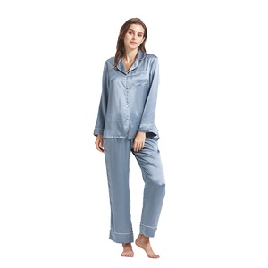 Custom 16/19/<strong>22</strong> Momme 100% Silk Pajamas Long Sleeves V-neck Silk <strong>Pyjamas</strong> Women Misty Blue Organic Silk Sleepwear Set - Product Image 1