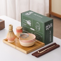 Bol à matcha en céramique avec bec, style rétro de la dynastie Song, dégradé rose, logo personnalisé, ensemble de 7 pièces, boîte cadeau