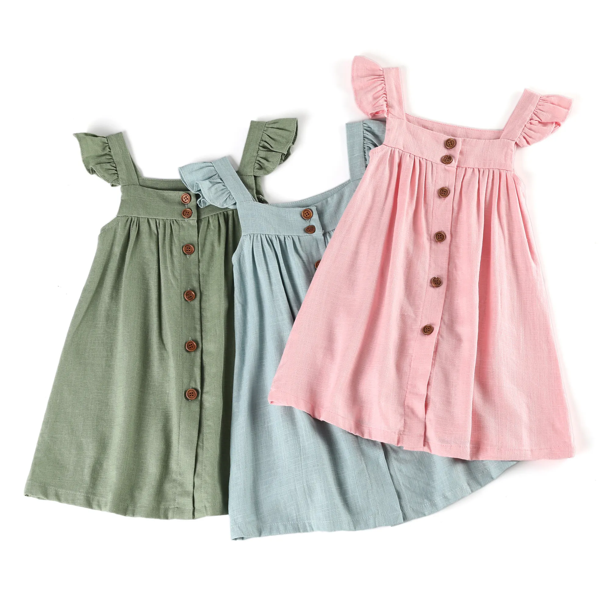 2023 Little Baby Girls Linen Ruffled Pinafore Apron Back Button Flower Girl Dress Kids Dresses For Girls