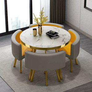 Table à manger ronde de luxe très vendue avec chaises en métal et plateau en MDF pour salon, restaurant, bar, bureau - 1 table et 4 chaises - Product Image 3