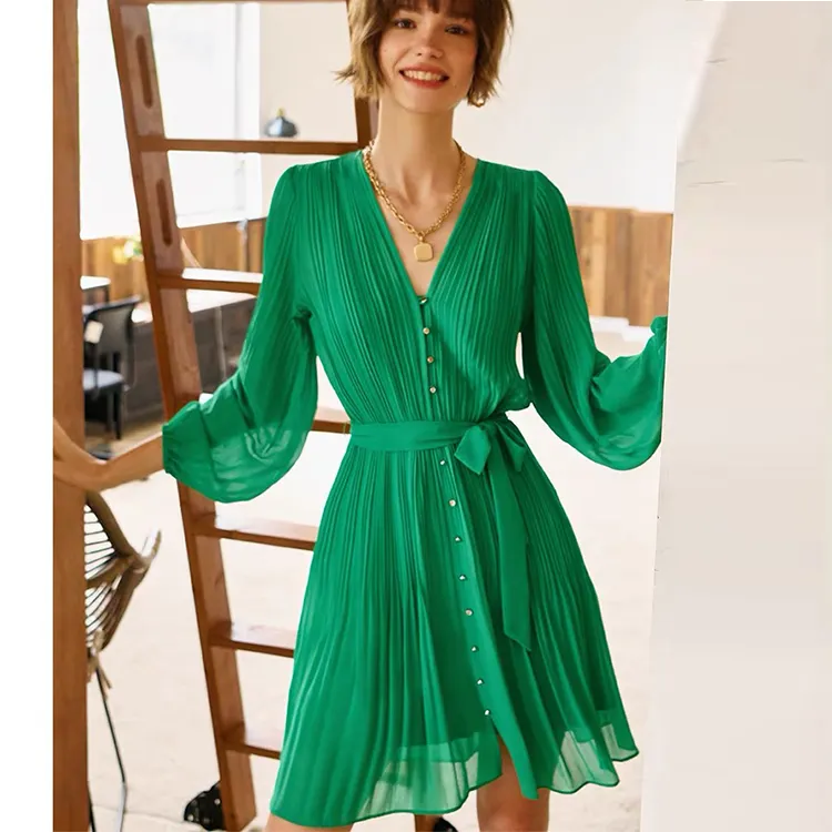 녹색 접이식 드레스 레이스 드레이프 얇고 편안한 짧은 드레스 한국어 슬림 여성 새로운 도매 가을 2021