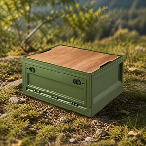 HALO Durable Outdoor Camping <b>Storage</b> <b>Container</b> with Wooden Top Portable Camp Gear Organizer Picnic Equipment <b>Storage</b> Chest - Product Image 5