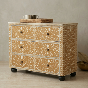 Modern Floral Mango Wood Solid Wood <b>Sideboard</b> Cabinet 3 Drawer Storage Dresser Floor Standing Organizer <b>for</b> Living Room <b>Kitchen</b> - Product Image 1