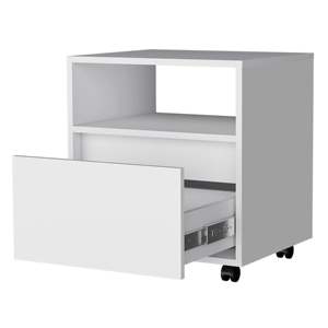 White 1-Drawer Nightstand With <b>Open</b> Shelf And Wheels For Bedroom <b>Storage</b> - Product Image 5