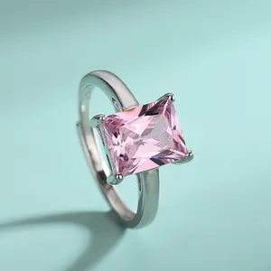 Conjunto de tres piezas de joyería de lujo de plata de ley S925, rubí rosa, anillo cuadrado de circonia, colgante, collar, pendientes