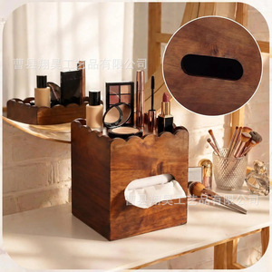 Wooden Tissue Box With Storage Tray Modern <b>Desktop</b> Organizer For Home Office Bedroom Living Room - Product Image 2