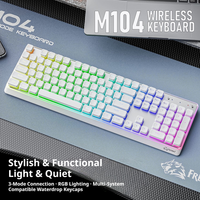 FREEWOLF M104 Tri Mode 2.4GHz USB Type-C Mechanical Membrane Wireless Keyboard 104 Keys Quiet RGB Backlit Ultra Thin Gaming