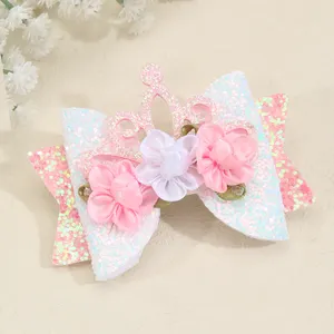 CN 3 Inch Crown And Flower Hair Grips Accessories Suppliers Glitter Hair Bow Clips for Kids