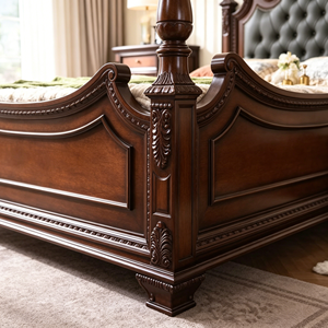 Traditional Queen Size Upholstered Wooden Bed with Genuine Leather Headboard and Carved Frame - Product Image 4