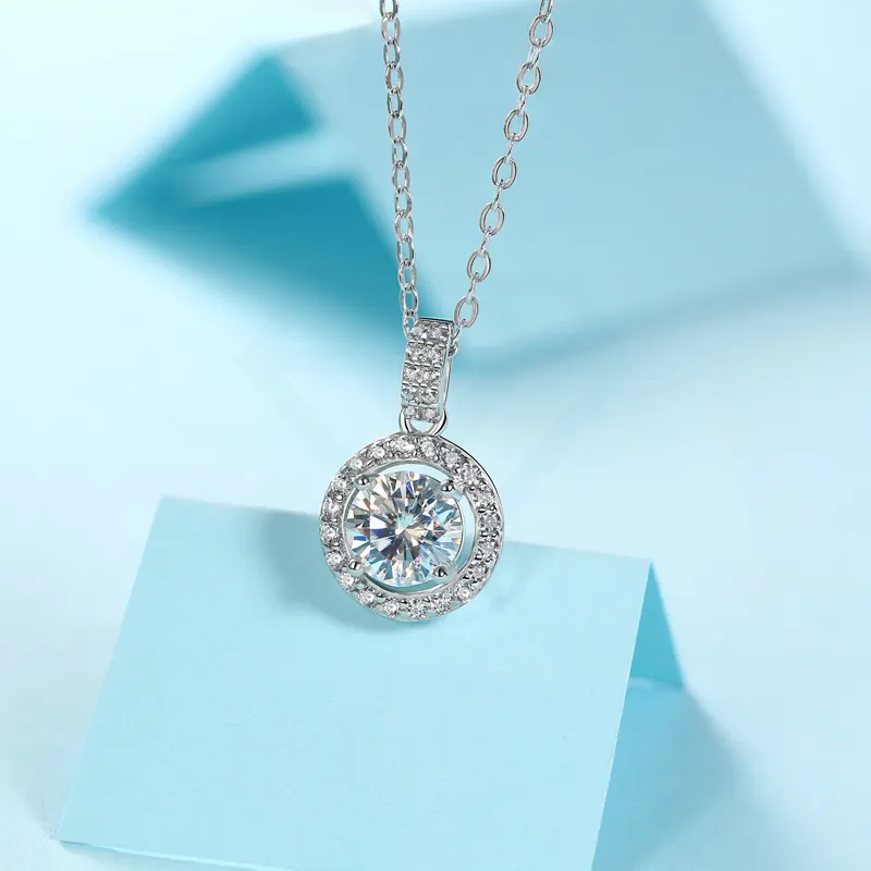 Moissanite Pendant Necklaces Dainty White Gold Diamond Round Moissanite Necklace 925 Sterling Silver Jewelry