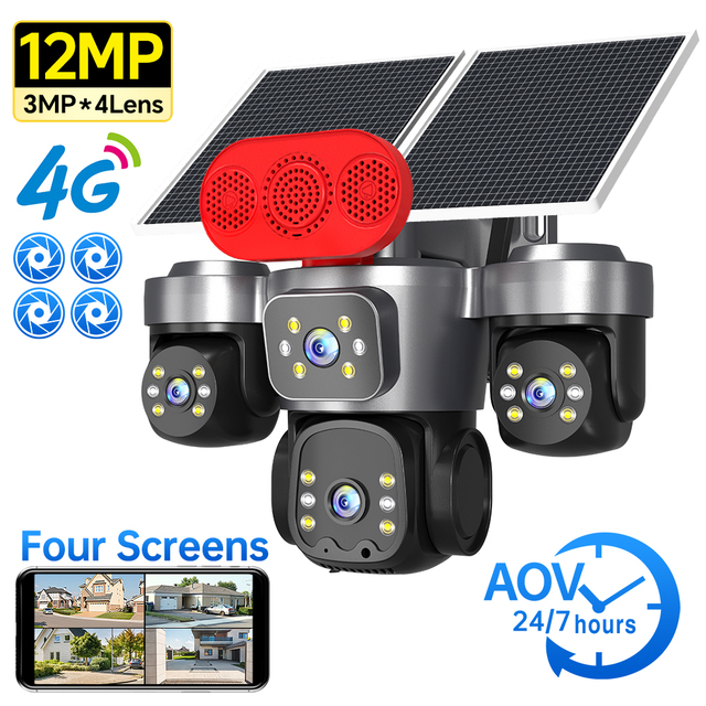 Outdoor 4G Solar 12MP 4-Lens 360° Security CCTV Camera 4-Screen 24/7 AOV Monitoring IP Camera Color Night Vision 2-way Audio