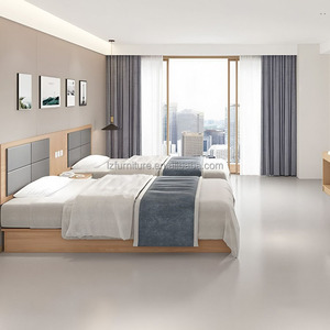 Lit simple ou double sur mesure avec cadre en bois, tête de lit capitonnée et tables de chevet intégrées pour ensemble de chambre à coucher en bois moderne pour hôtel 3 étoiles - Product Image 1