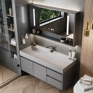 Grand meuble de toilette moderne à 3 portes en bois massif et MDF blanc médicinal Lavabo mural en acier inoxydable écologique Meuble sous-vasque de salle de bain - Product Image 1