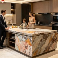 Table de salle à manger îlot cascade de luxe en marbre de calcite rose et vert naturel, imperméable et durable, pour cuisine et villa