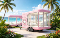 Maison mobile sur roues, design moderne, structure en acier, style rose, caravane préfabriquée, mur en verre, maison portable pour la plage